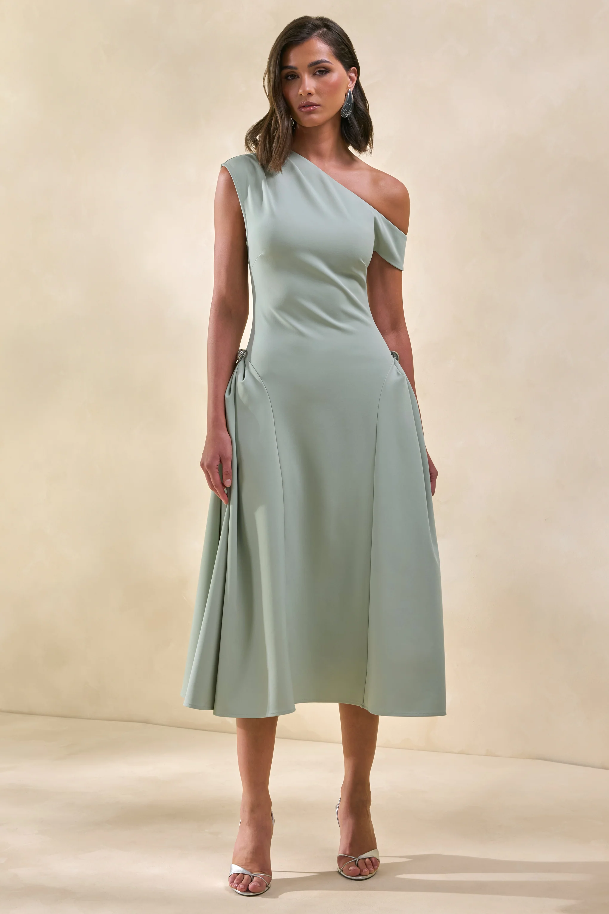 Celosia | Sage Asymmetric-Neck Midi Dress With Silver Detailing