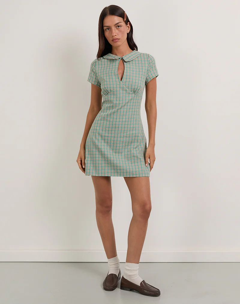 Medora Keyhole Mini Dress in Teal Check