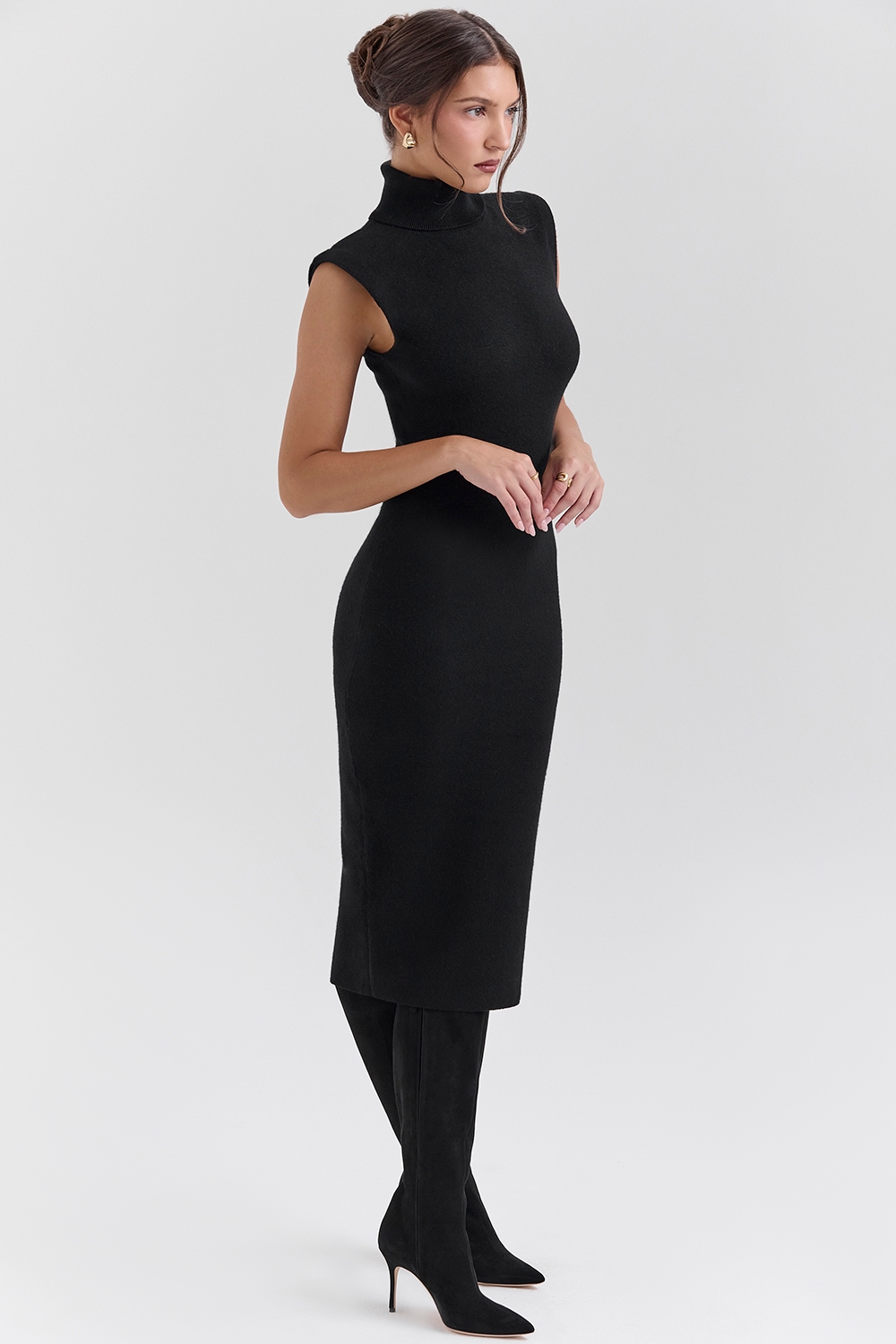 Black Cashmere Blend Turtle Neck Midi Dress