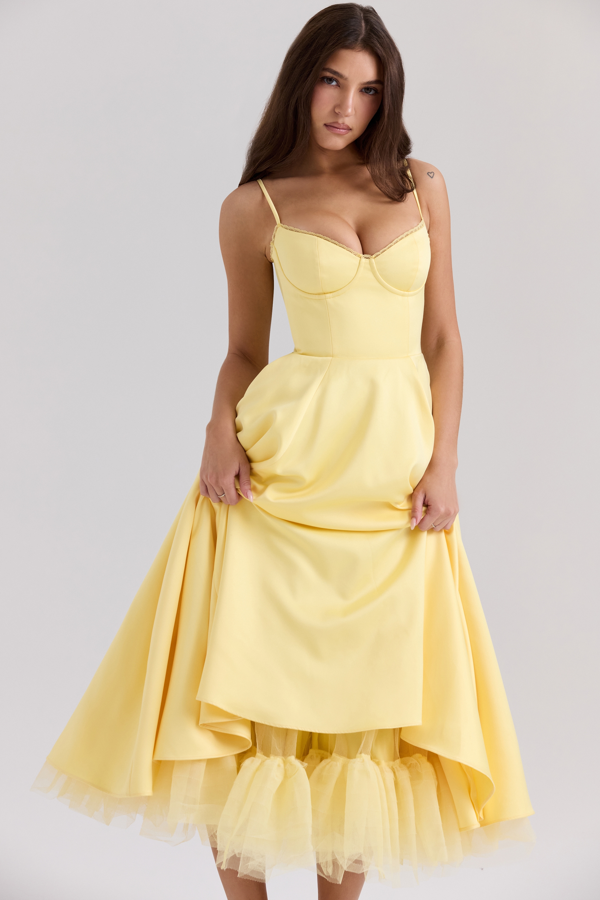 sunshine yellow satin tulle midi dress