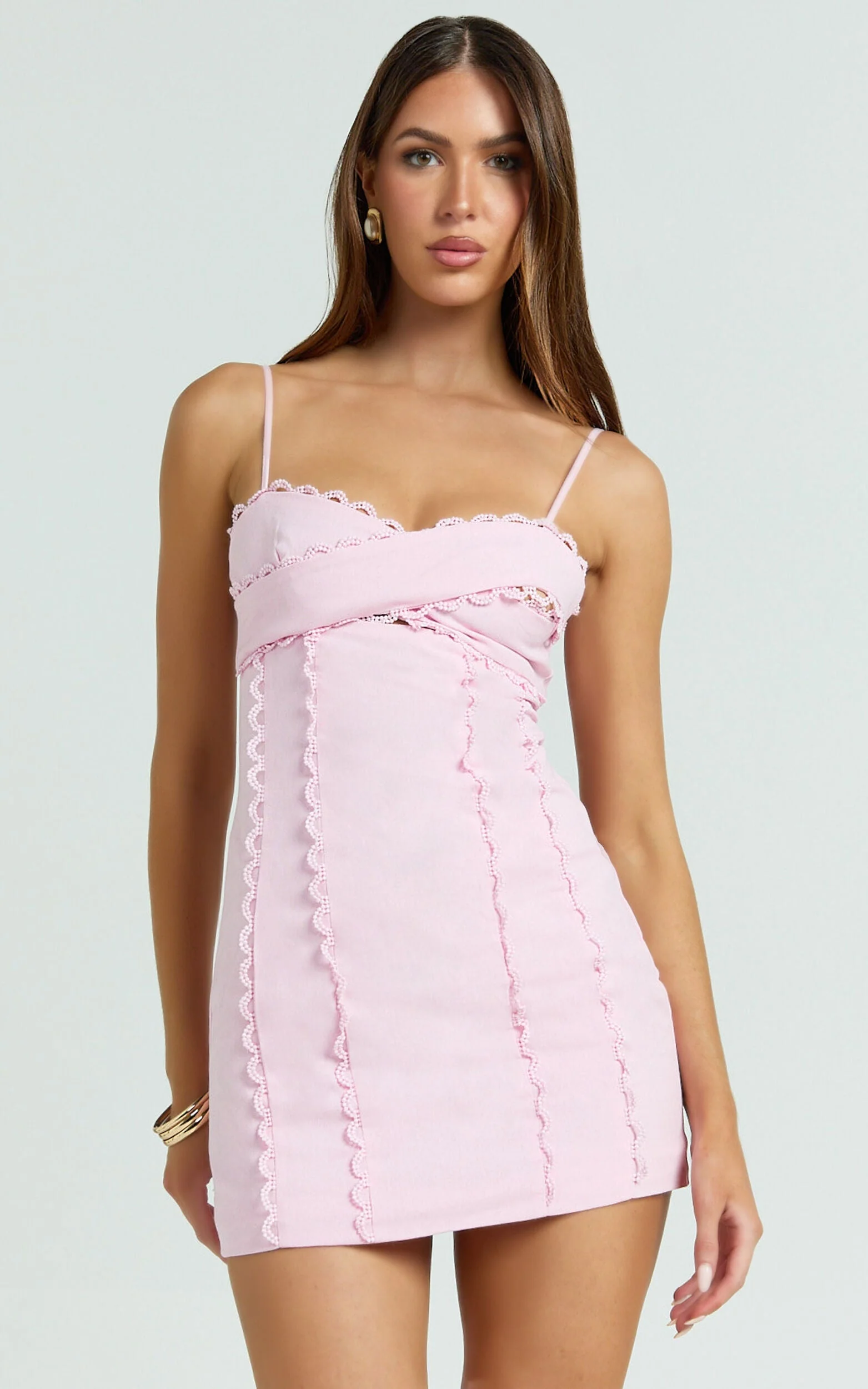Gigi Mini Linen Blend Dress - Sweetheart Tie Back Scallop Detail Dress in Pink - luluinthesky