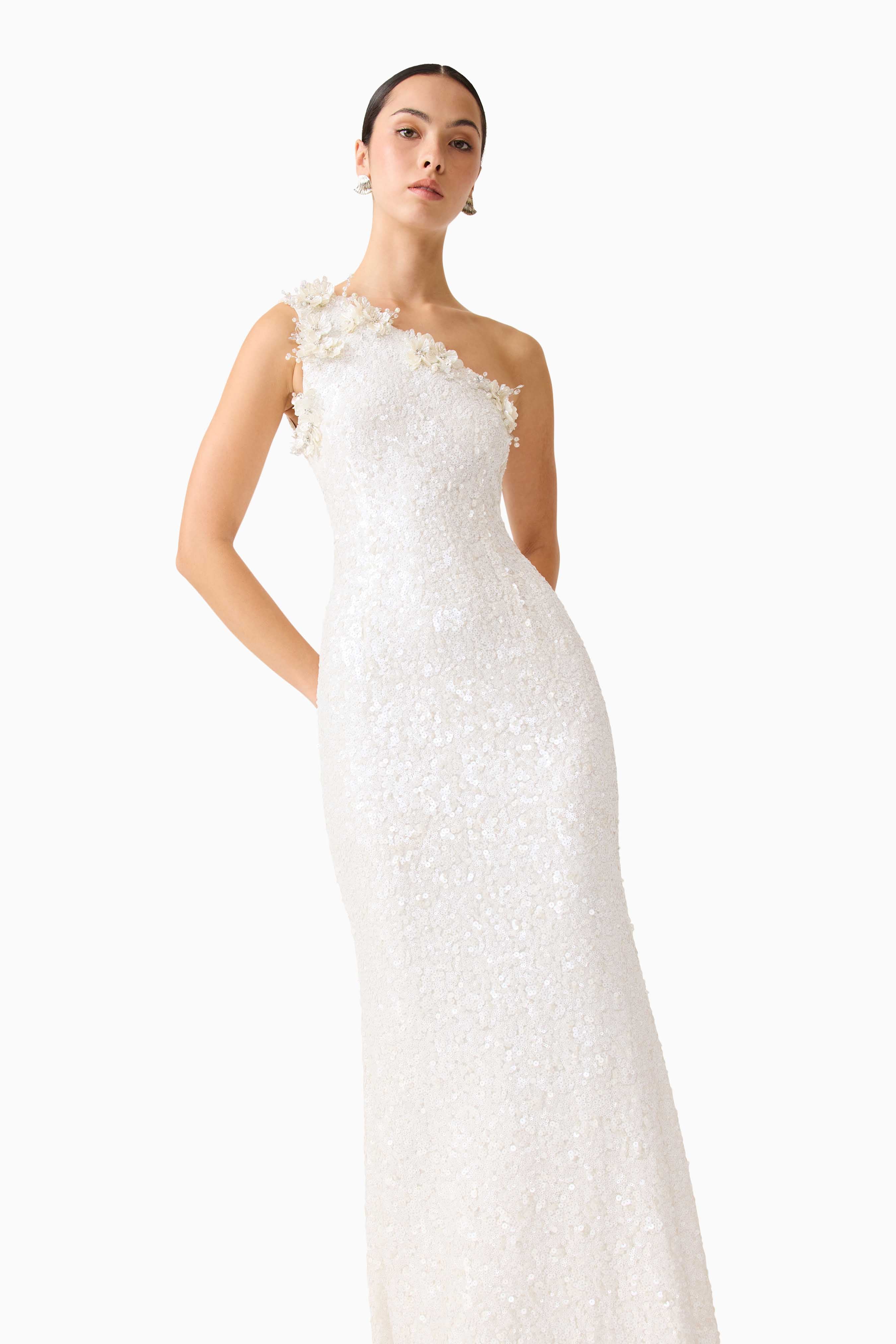 Alessia Embellished One Shoulder Gown in White