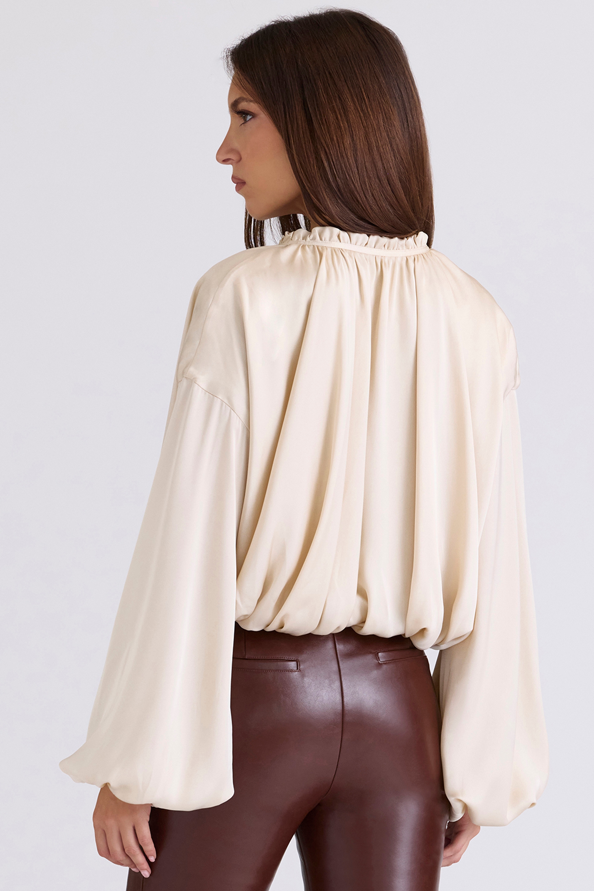 Ecru Satin Open Front Blouse