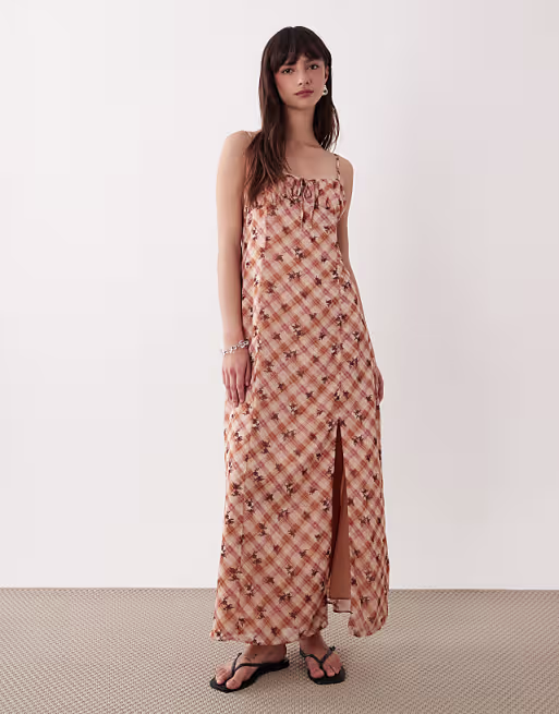 Miss Selfridge tie front maxi dress in floral plaid print