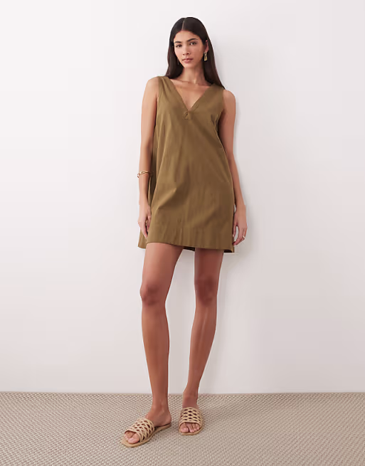 cotton linen v neck smock mini dress in moss green