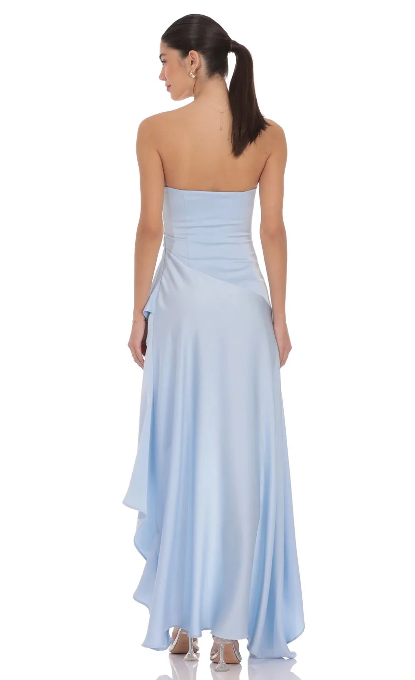 Satin High Low Maxi Dress in Light Blue