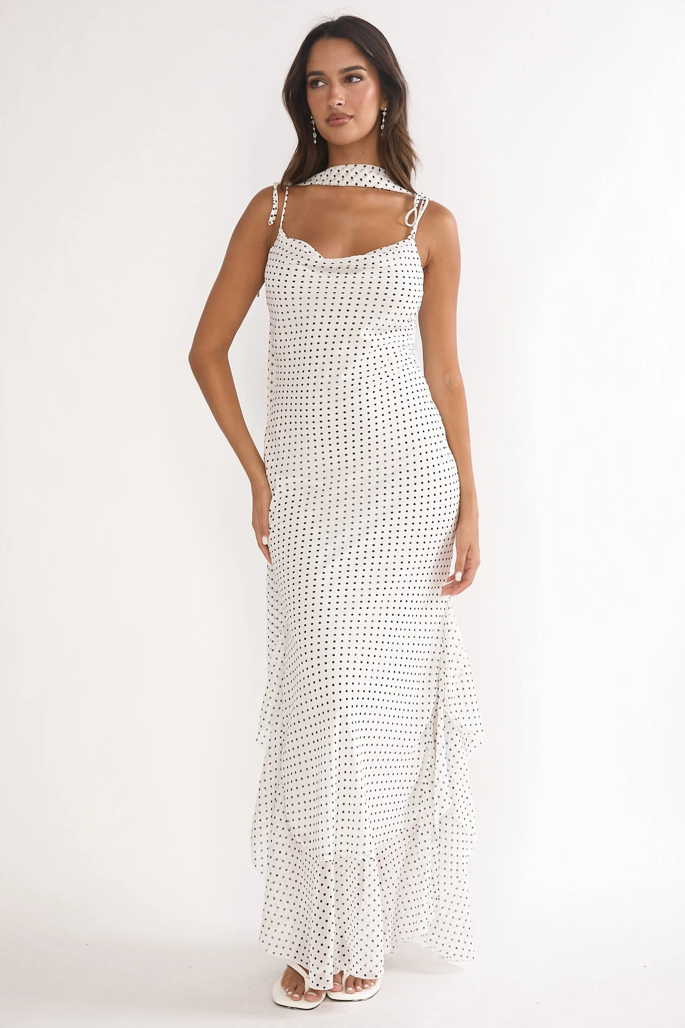 Emmara Tied Shoulder Maxi Dress Polka Dot White
