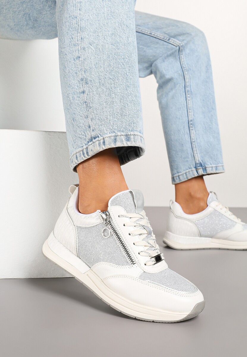 Białe Sneakersy z Wkładką ze Skóry Naturalnej Zdobione Suwakiem Fihanor