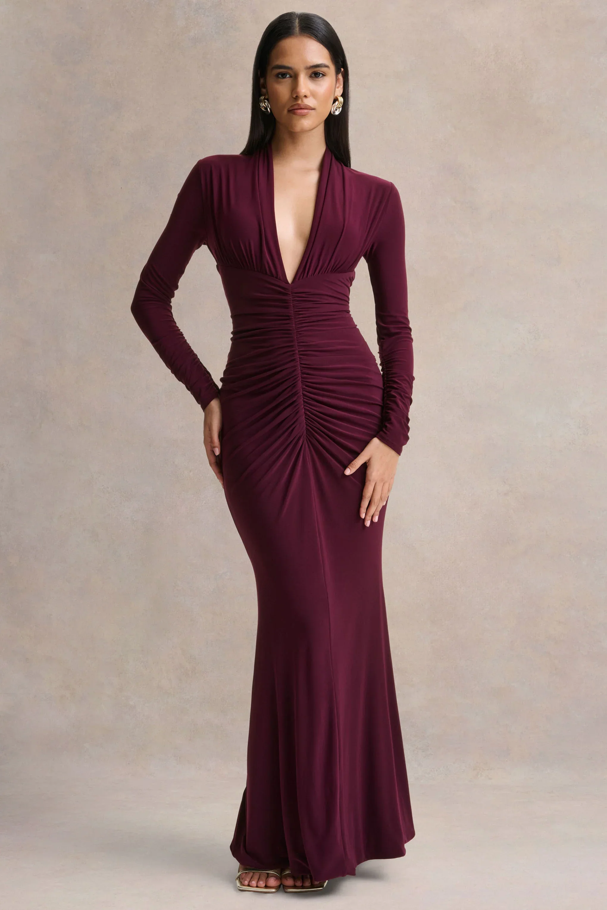 Tami | Plum Plunge-Neck Long Sleeve Maxi Dress