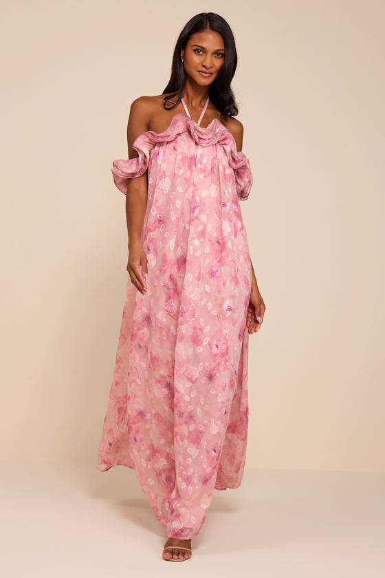 Amia Pink Floral Burnout Ruffled Shift Maxi Dress