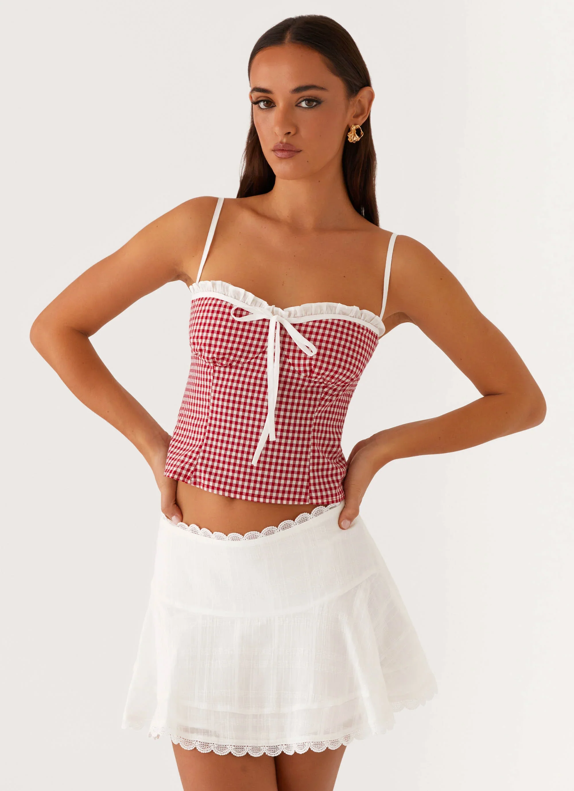 Palmer Ruffle Bustier Top Red Gingham - luluinthesky