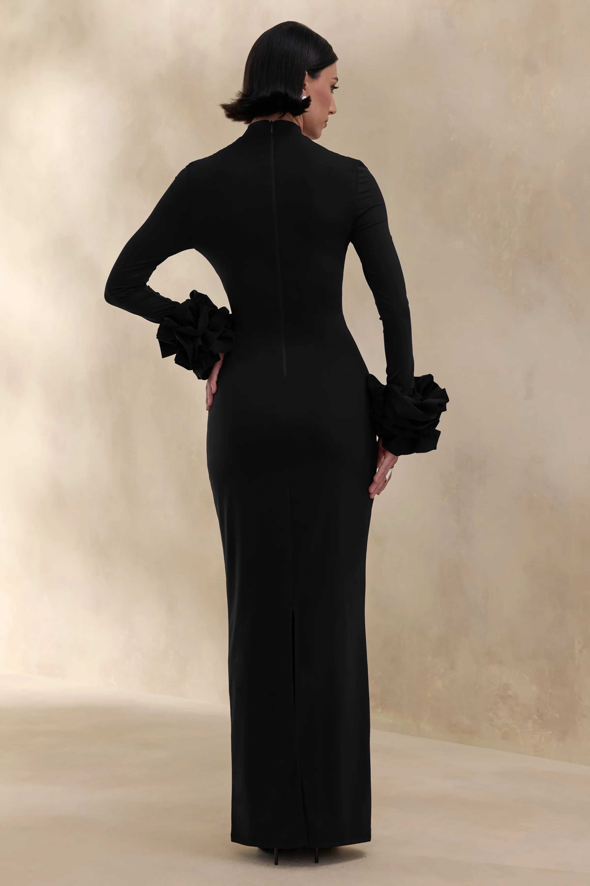 Jaselle | Black High-Neck Maxi Dress With Ruffled Satin-Cuffs