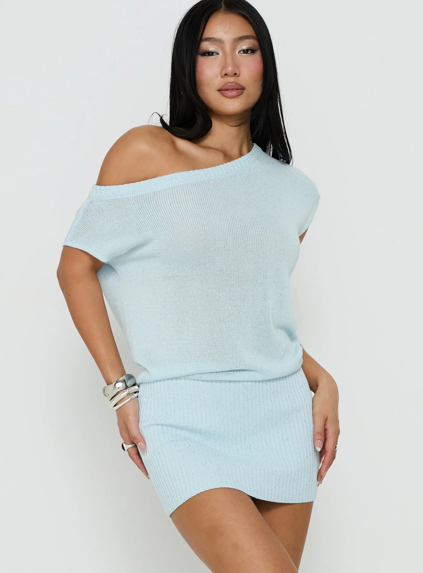 Idilia Off Shoulder Knit Mini Dress Blue