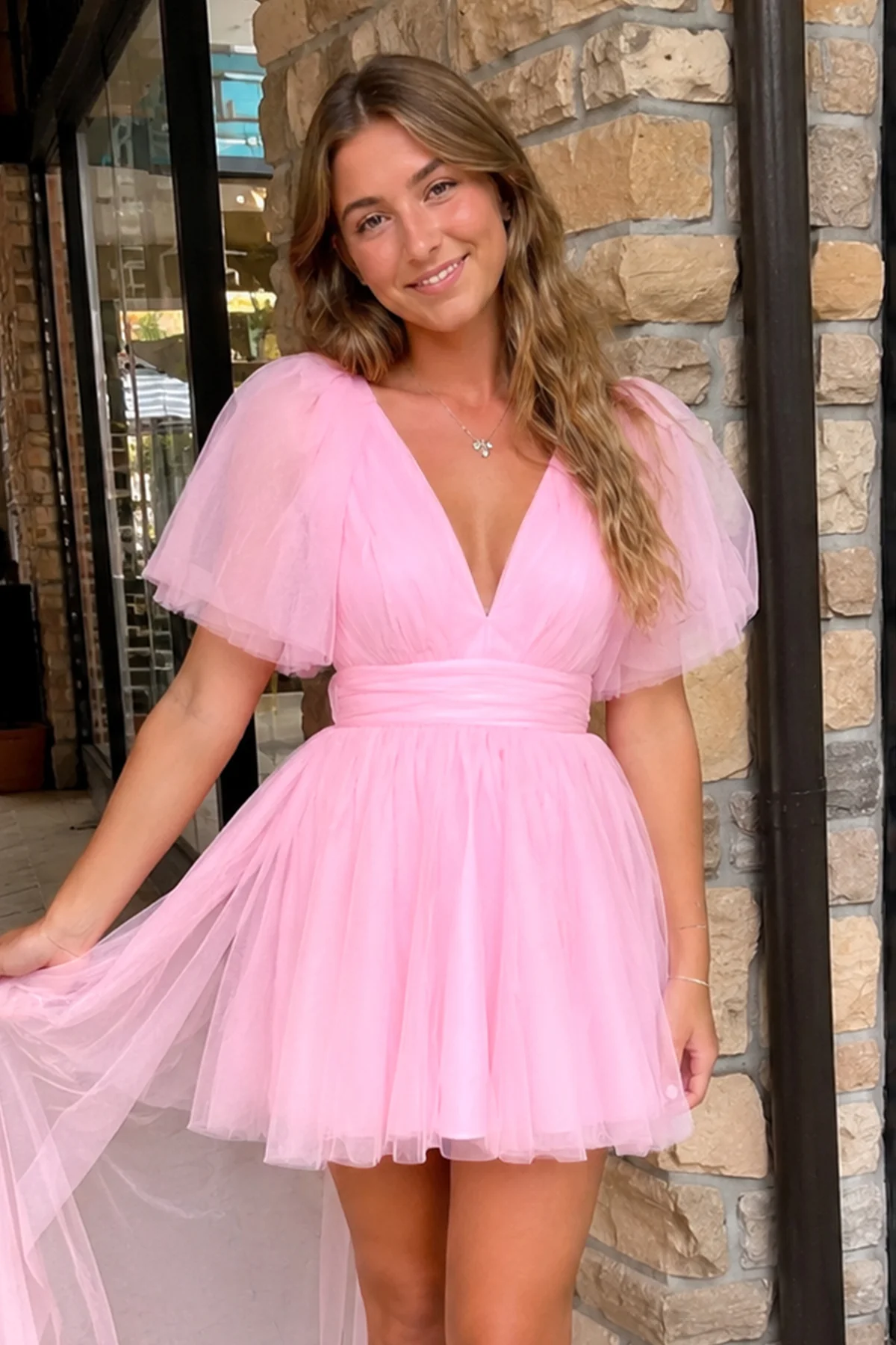 A-line Plunging V Neck Tulle Homecoming Dress