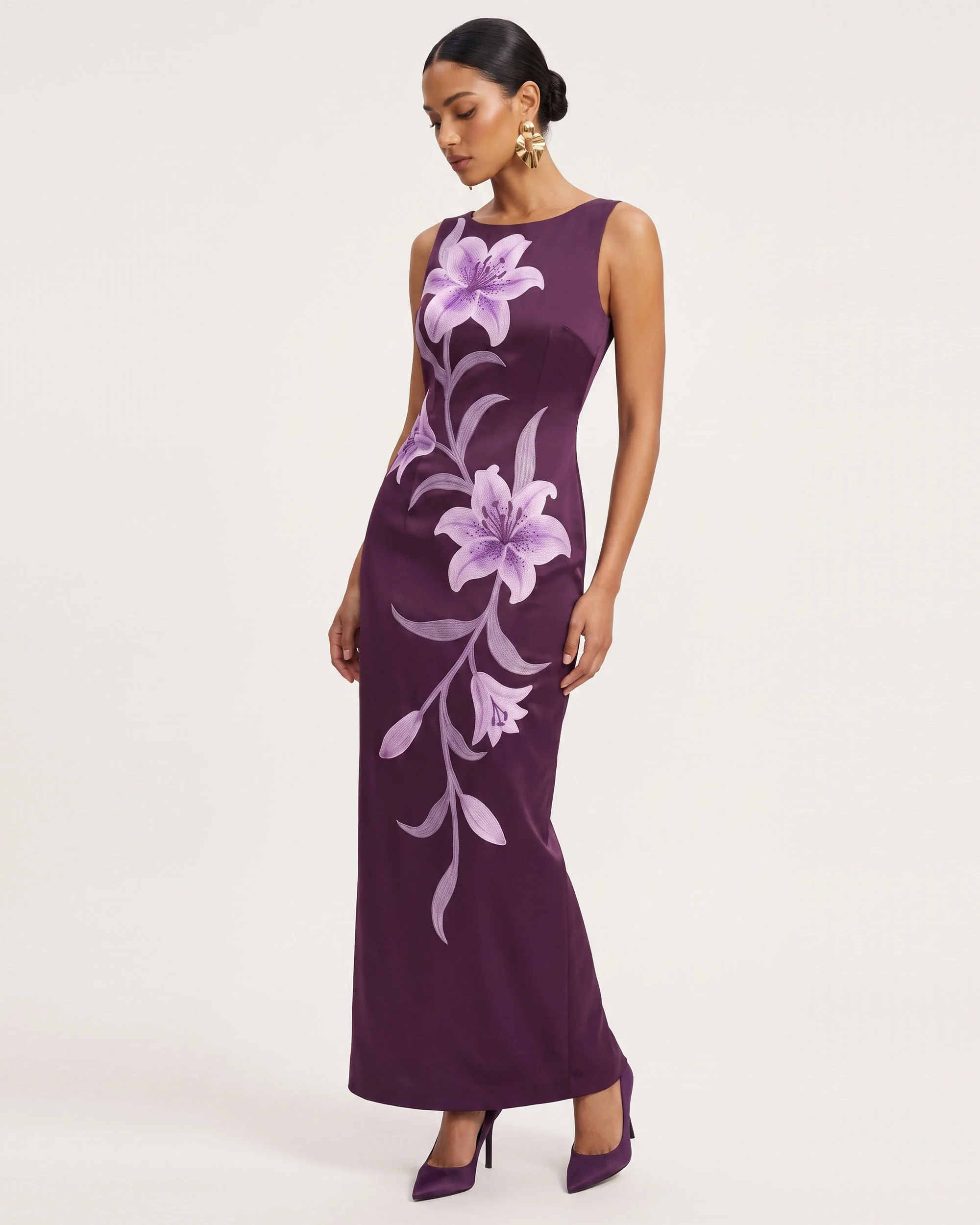 Lily Floral Print Sleeveless Column Maxi Dress - Dark Purple - FASHION NOB