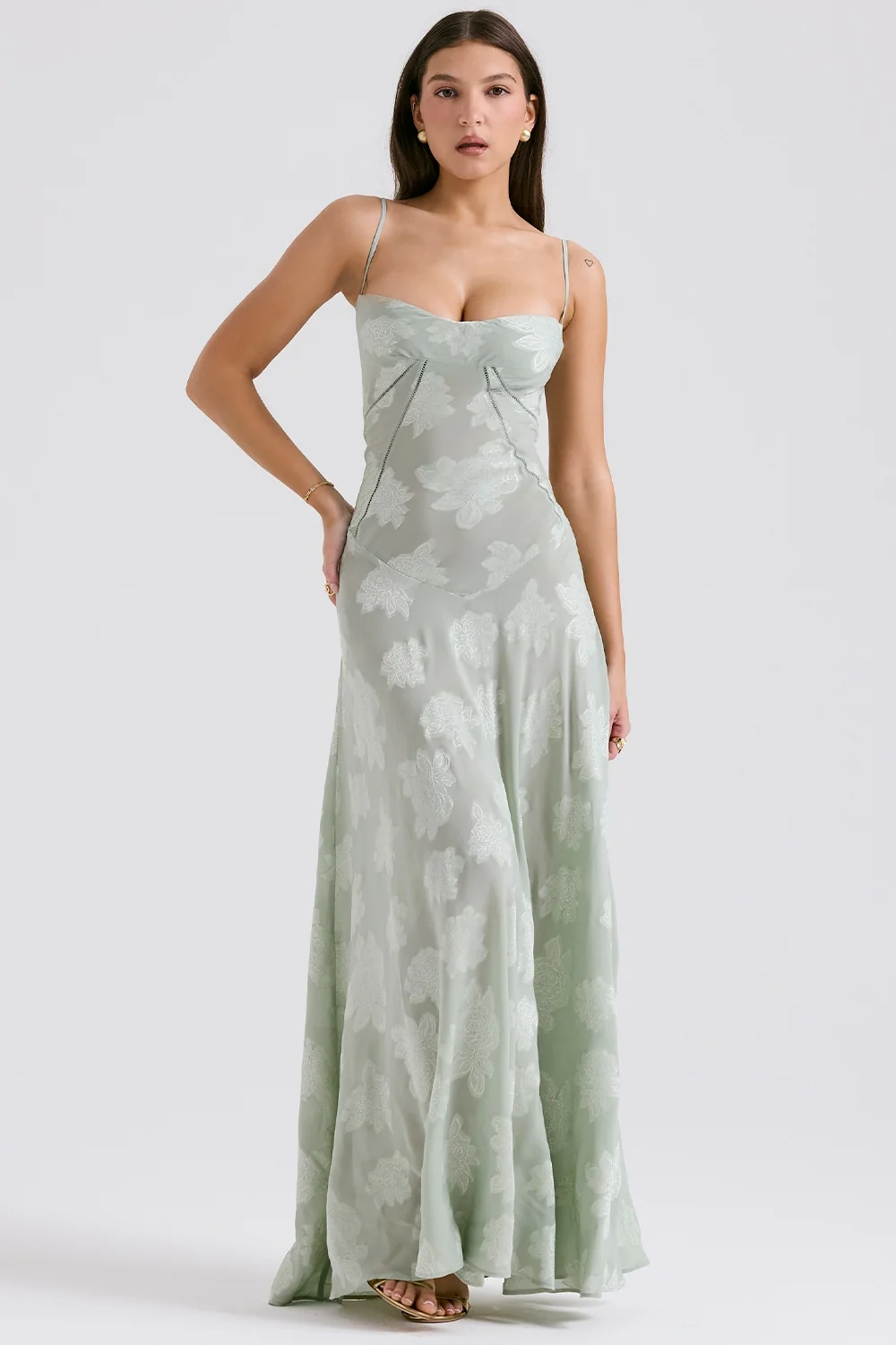 Pistachio Floral Lace Back Maxi Dress