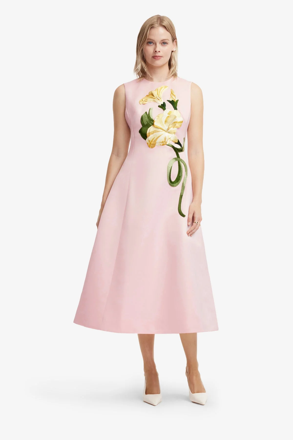 Cleo Appliqué Sleeveless Midi Dress - Vine Print in Pink