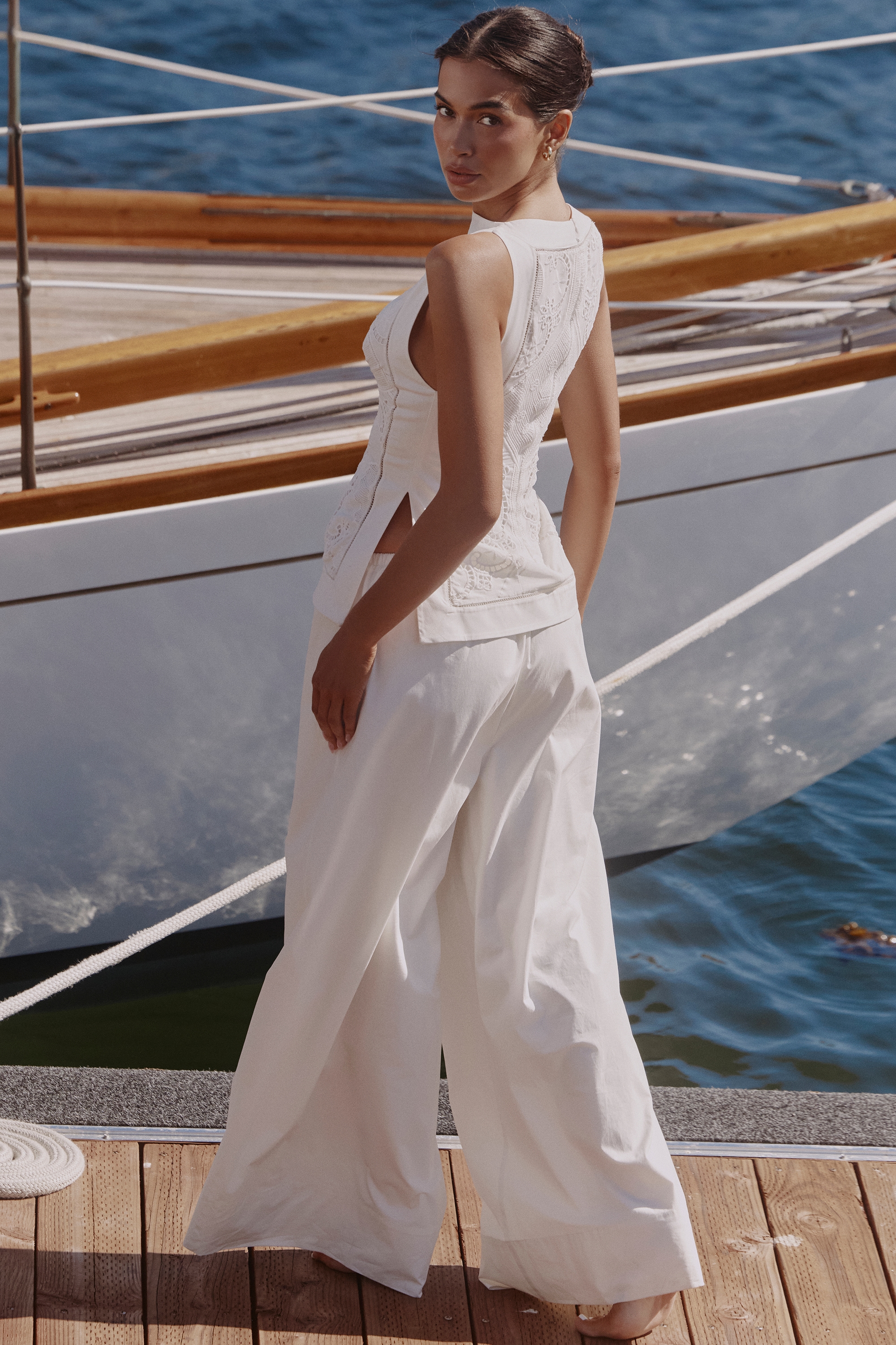 White Cotton Wide Leg Trousers