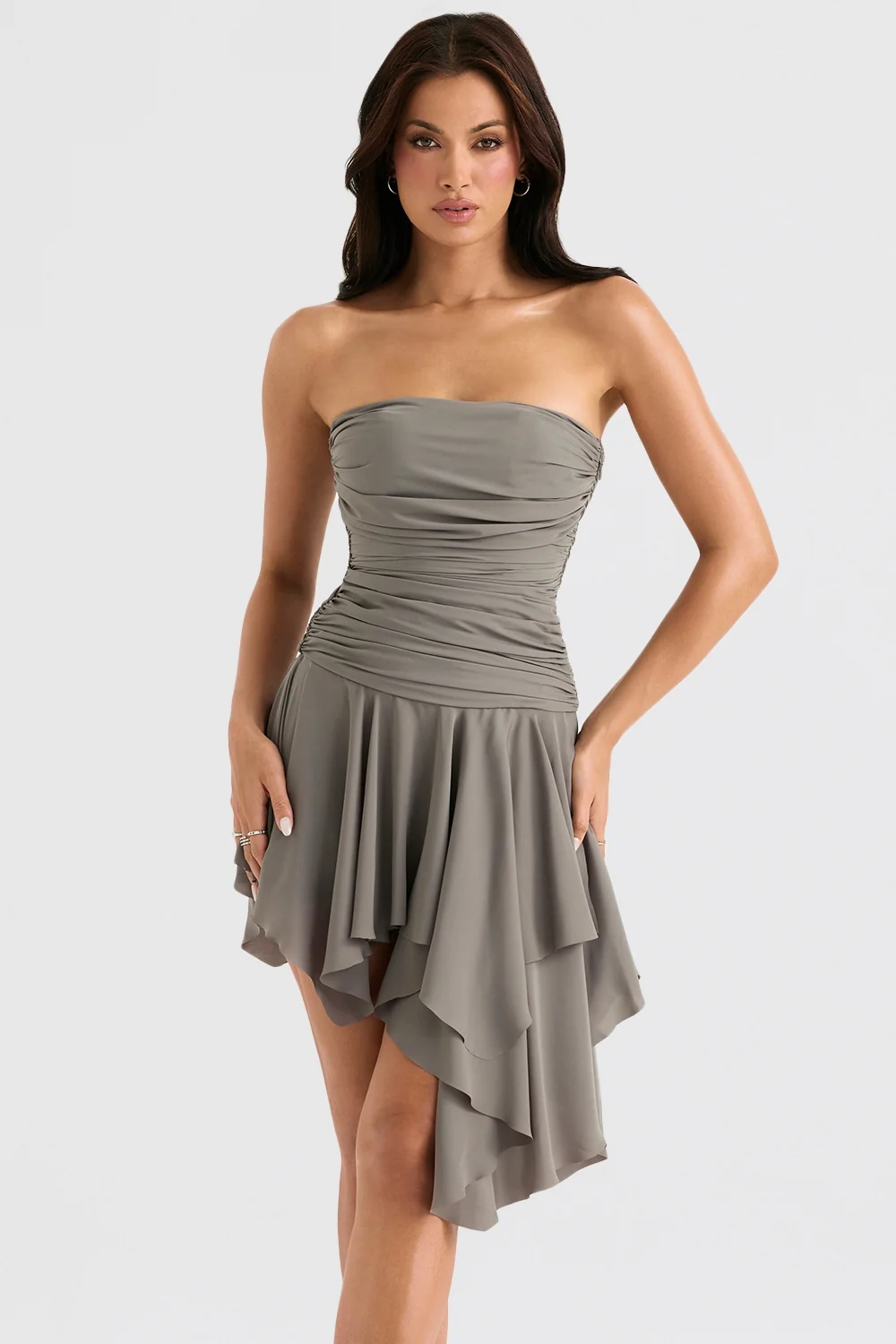 Smoke Gathered Asymmetric Dress