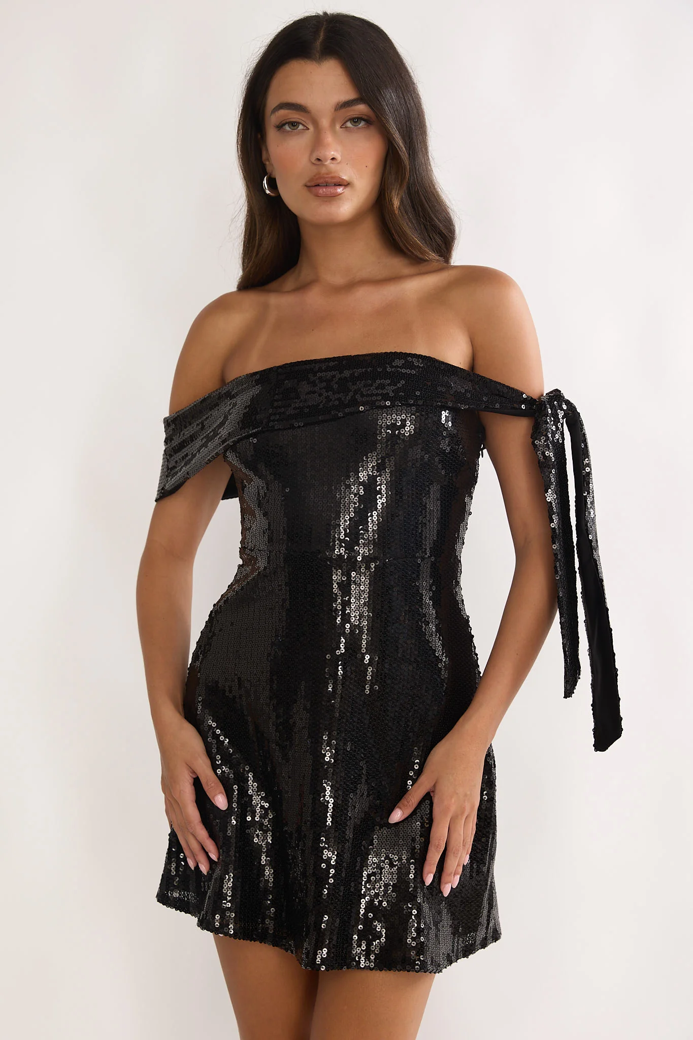 Aurora Sky Off-Shoulder Tie Mini Dress Sequin Black
