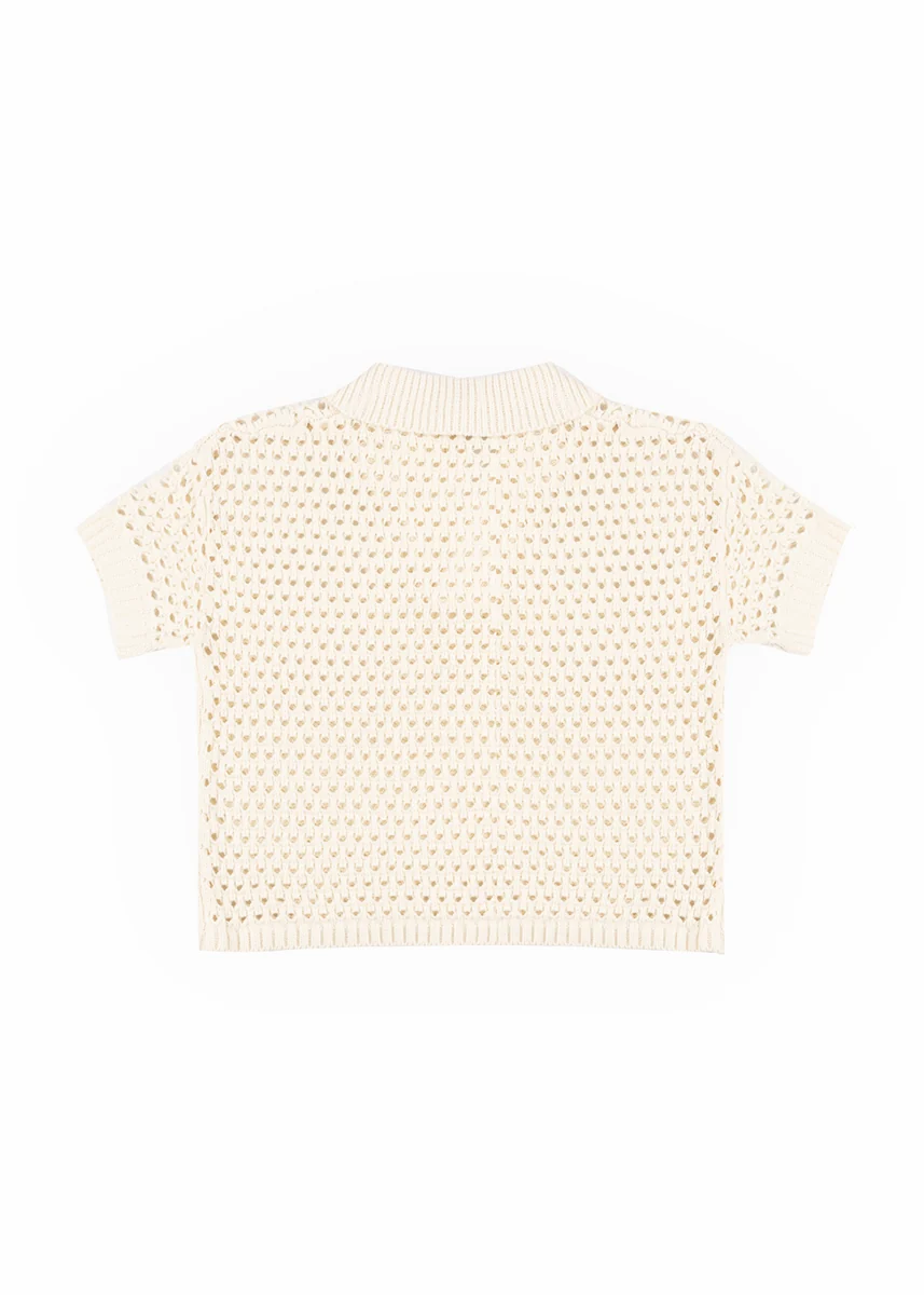Short-Sleeve Crochet Collared Sweater Top