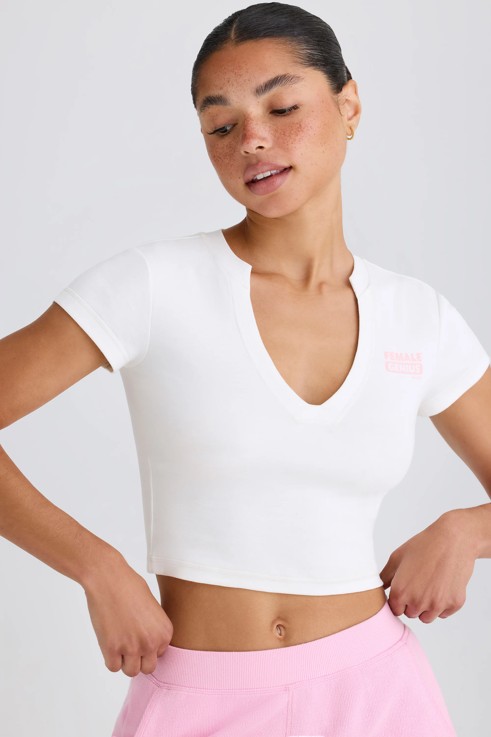 Stretch Cotton Jersey Graphic Print Cropped T-Shirt in White