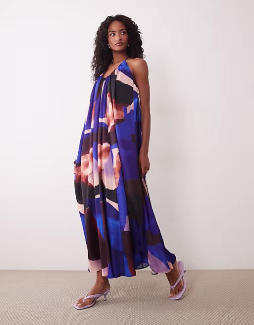 trapeze scoop neck full hem maxi dress with bead detail back in blue abstract print