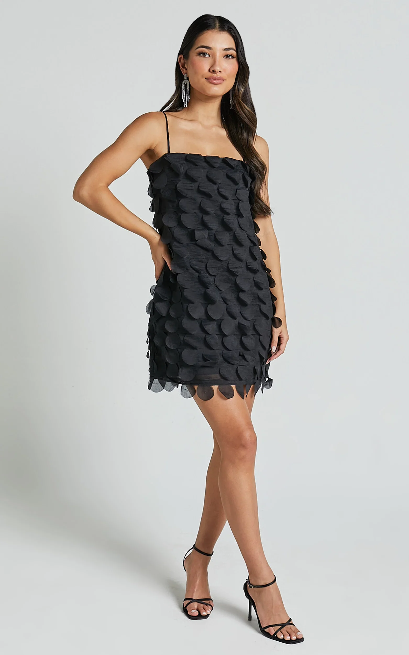 Leah Mini Dress - Strappy 3D Floral Cami Dress in Black