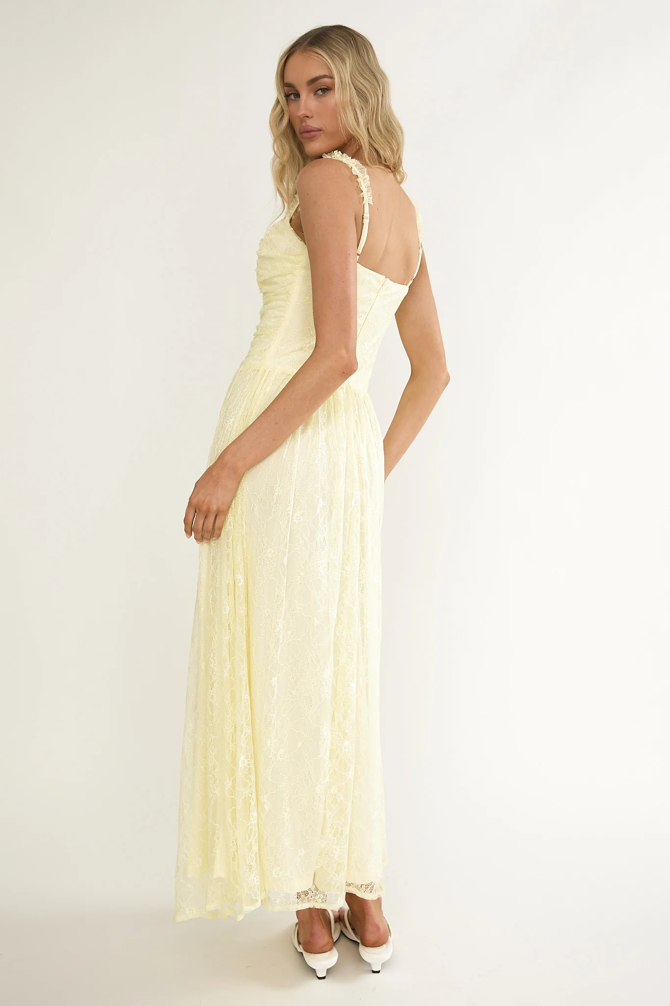 Dahlin Frill Strap Lace Overlay Maxi Dress Butter