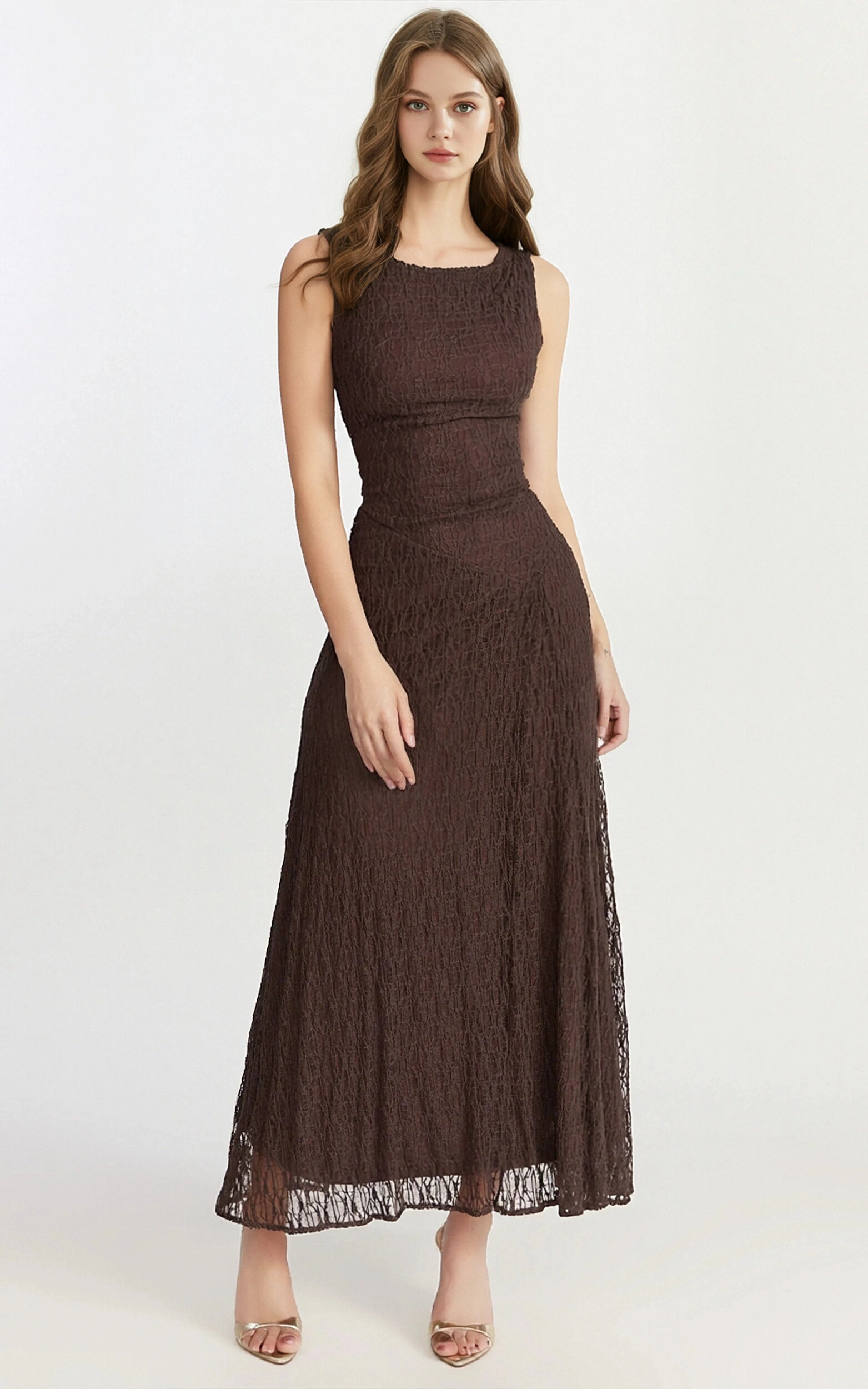 Abby Midi Dress - High Neck Asym Detail Dress-Chocolate