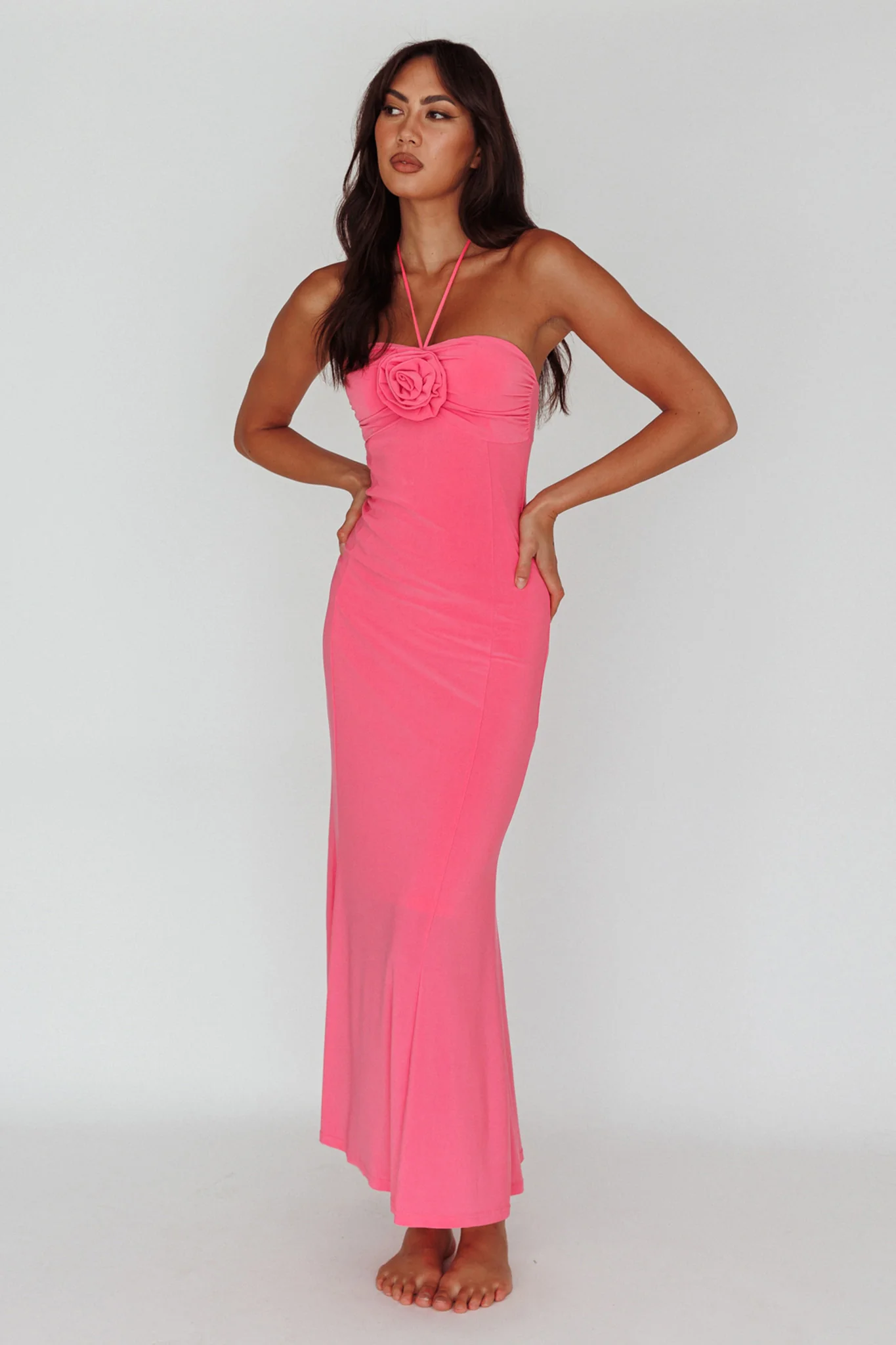 Ibiza Sunset Bust Flower Midi Dress Hot Pink