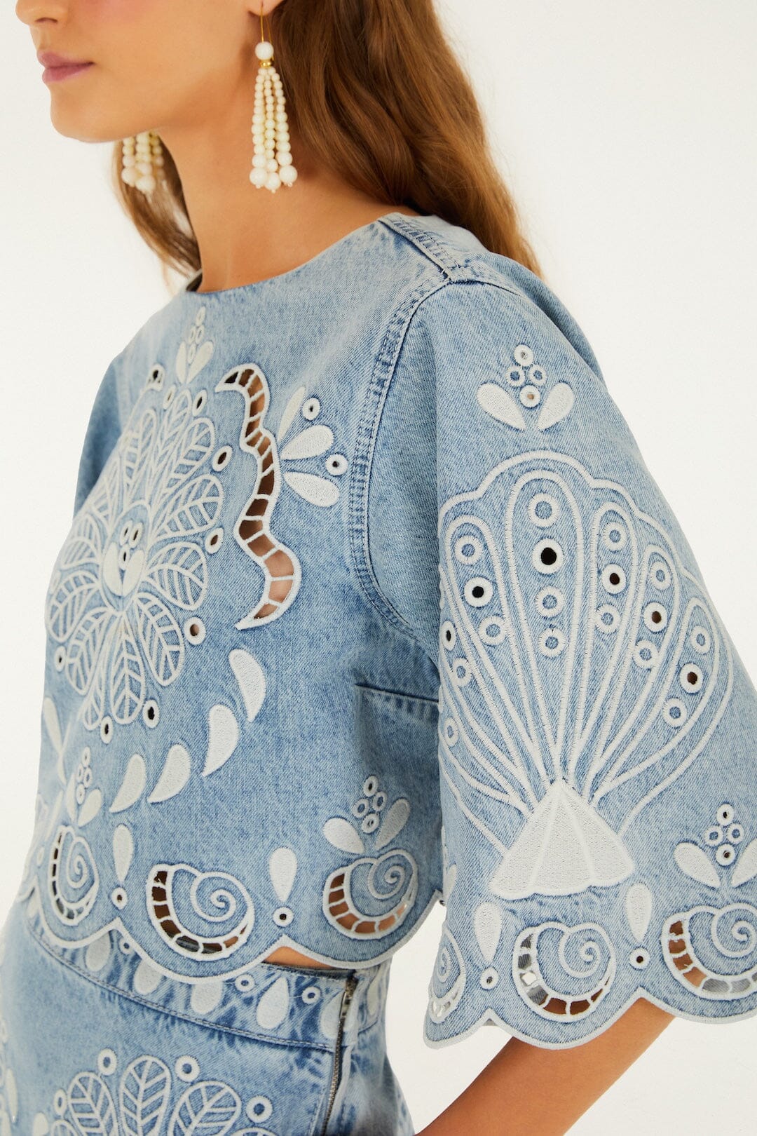 FARM Rio Denim Richelieu Kimono Sleeves Cropped Blouse