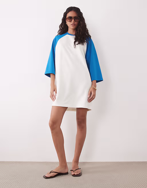 tricot contrast raglan sleeve mini T-shirt dress in bright blue and white