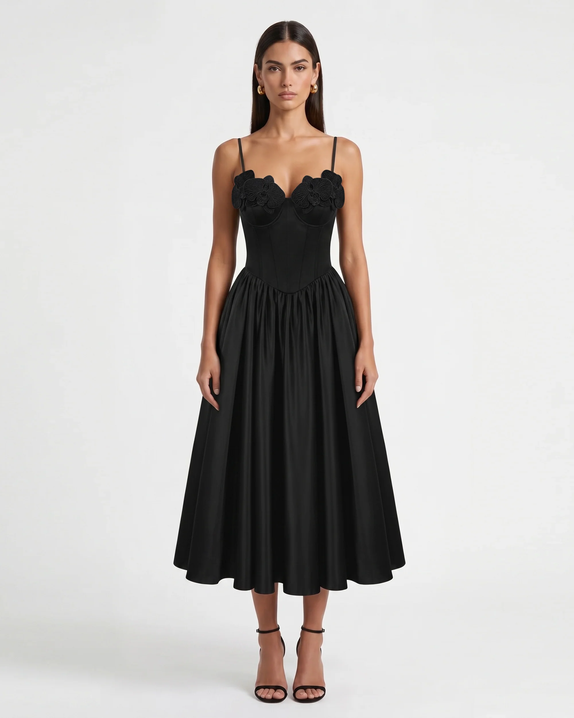 Orchid Embroidered Appliqué Corset Maxi Dress - Black