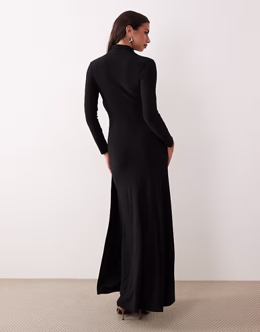 slinky drape maxi dress with trim detail in black