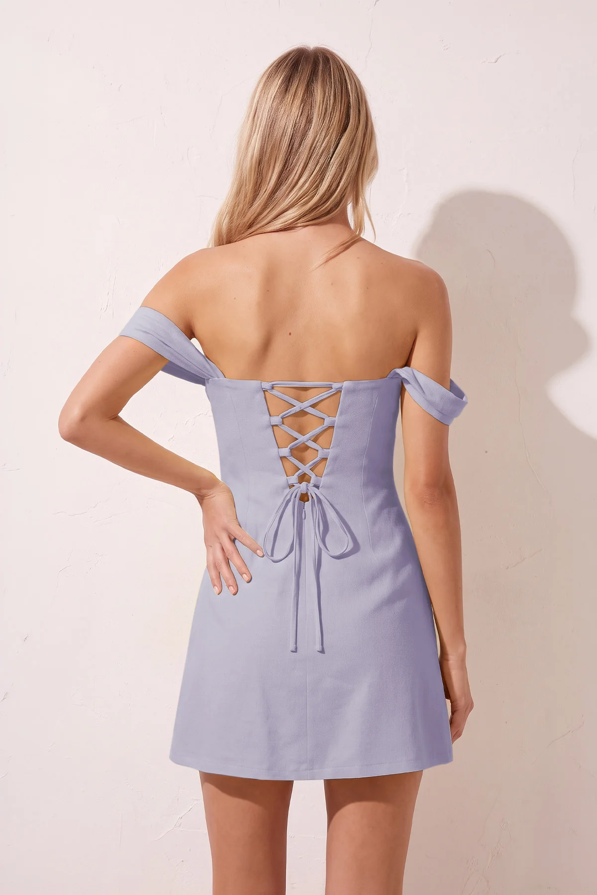 Yellow Off the Shoulder Linen Sheath Homecoming Dress with Lace Up Back