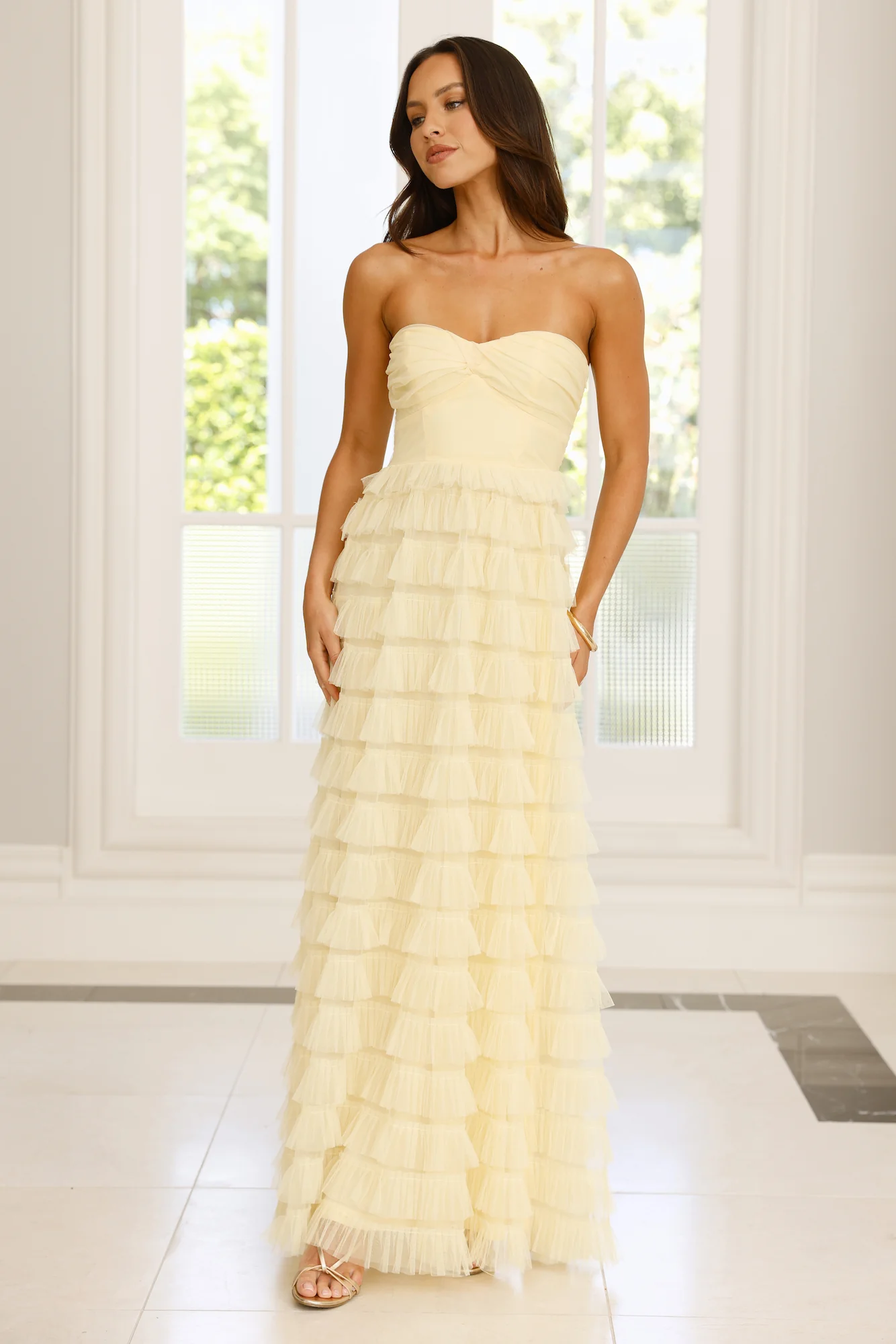 Lovers In Paris Strapless Tulle Maxi Dress Yellow
