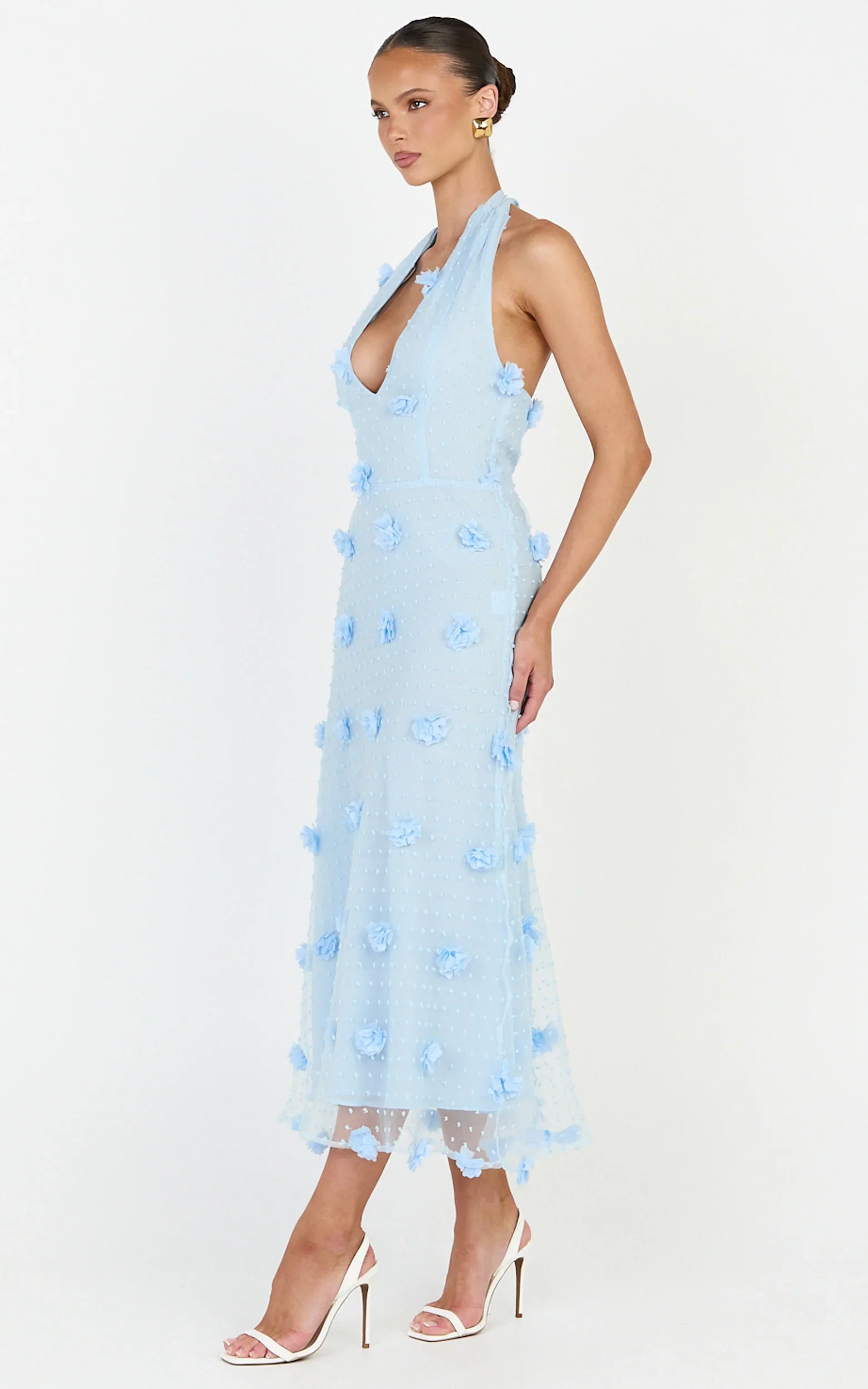 Azalea Midi Dress - Halter Neck 3D Floral Fit And Flare Dress in Blue