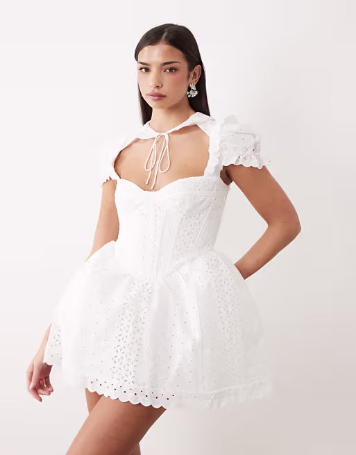 Bardot Allington broderie corset puff sleeve tie collar detail mini dress in white