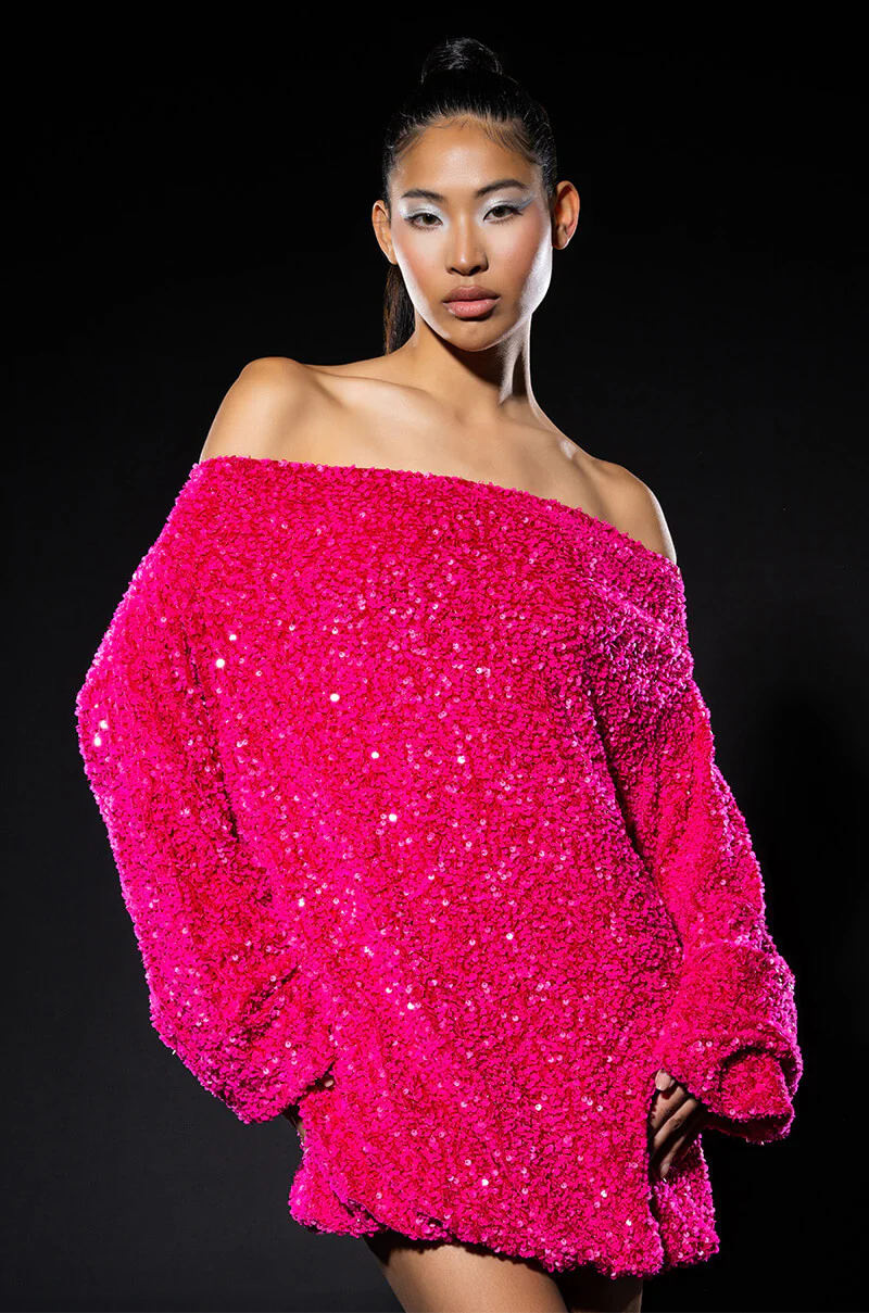 Gemma Off The Shoulder Voluminous Sequin Mini Dress