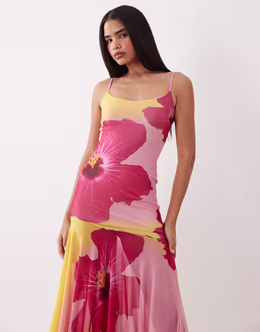 Kaiia exclusive slinky mesh scoop neck dropped waist asymmetric handkerchief hem maxi dress in pink ombré floral