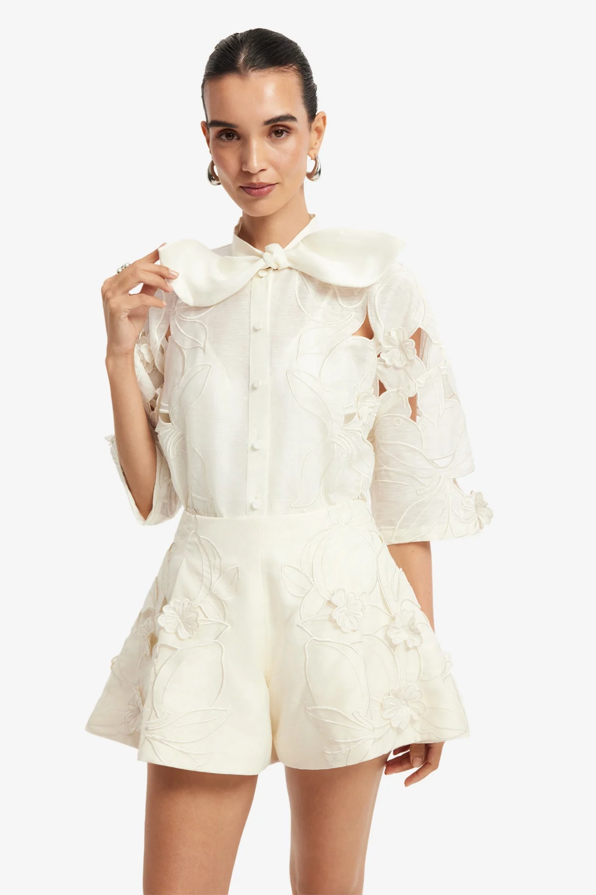 Brooklyn Appliqué Bow Puff Sleeve Top - Snow