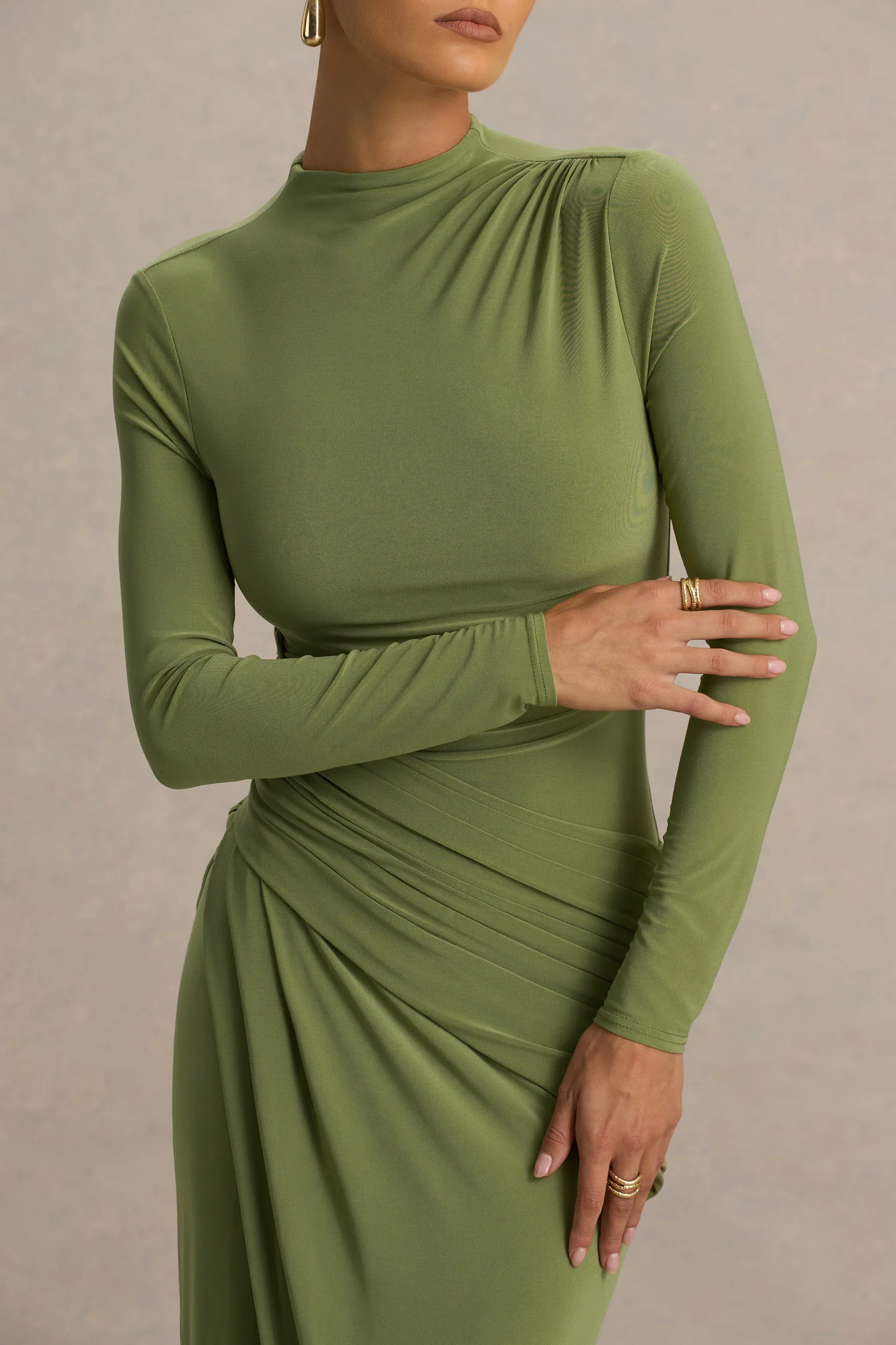 Zephyra | Olive High-Neck Wrapped Maxi Dress