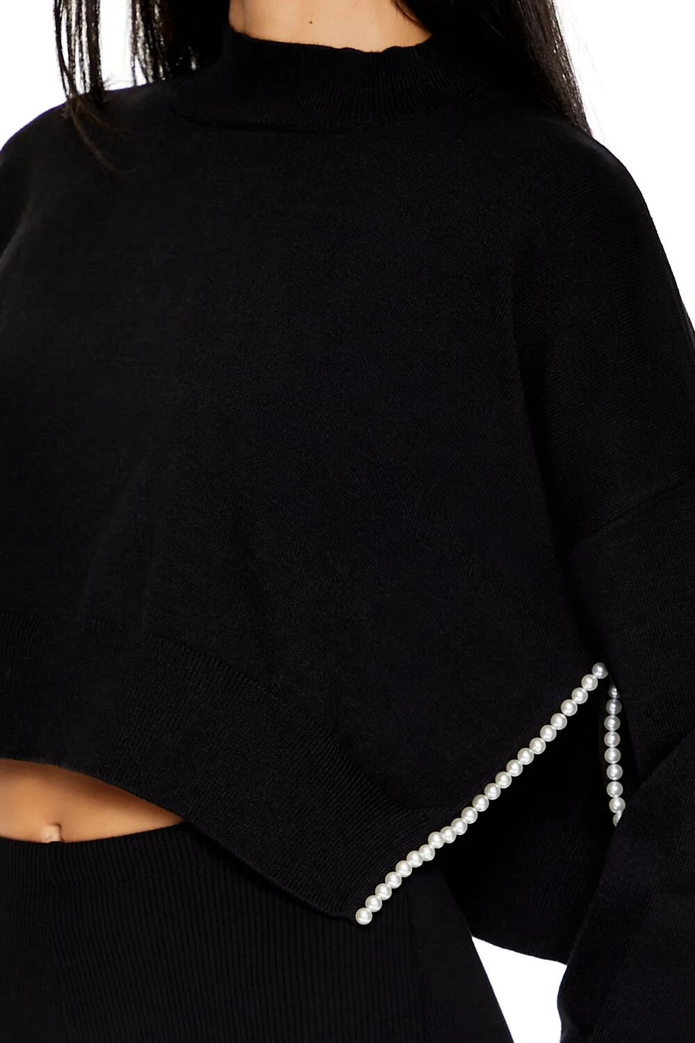 Faux Pearl-Trim Cropped Sweater