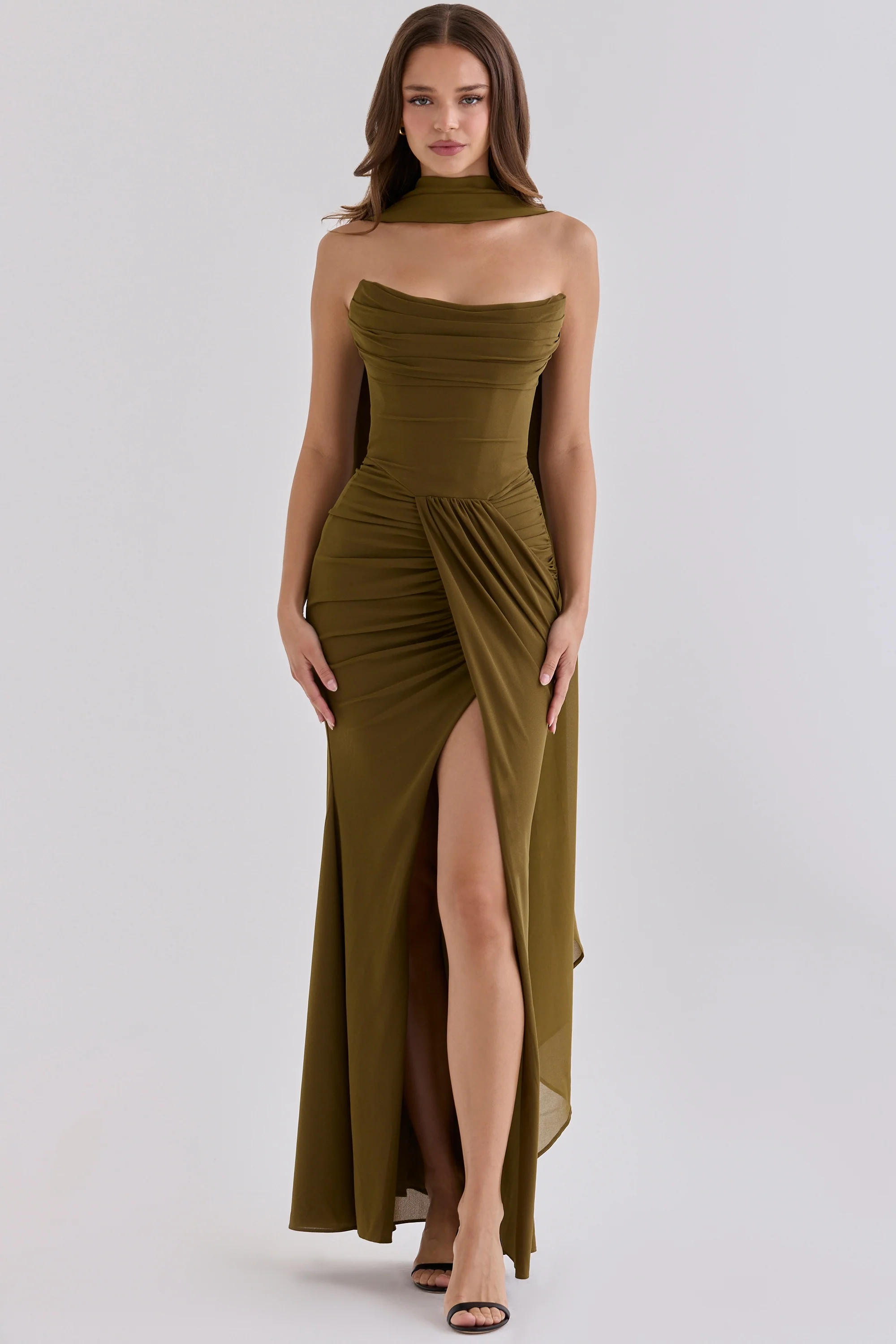 Olive Crepe Strapless Maxi Dress With Detachable Cape