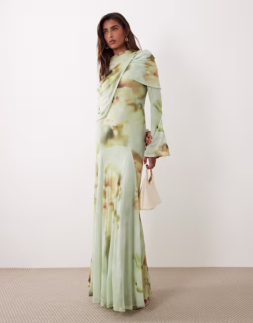 printed mesh maxi dress with overlay draped neckline detail in green blurred floral
