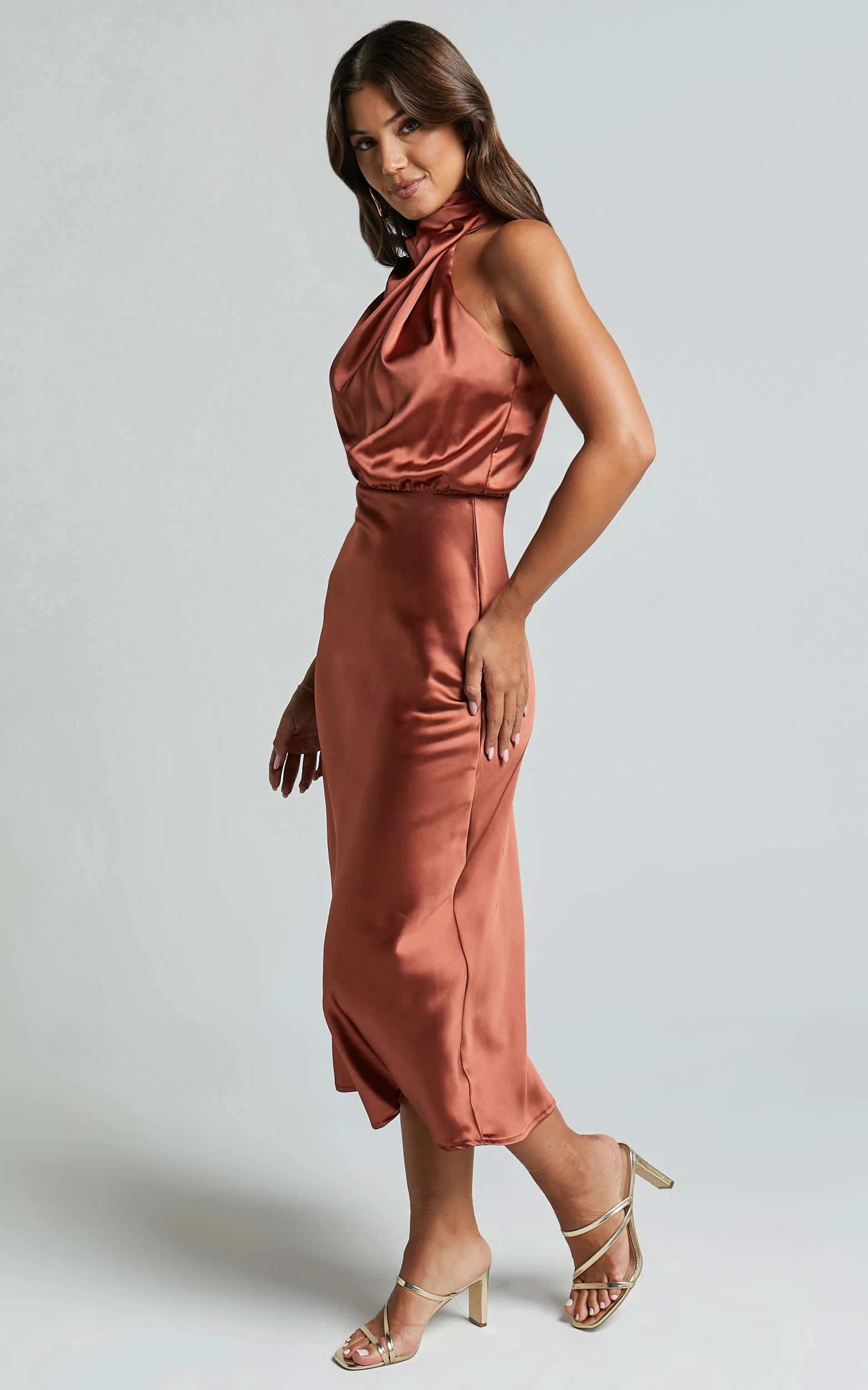 Minnie Midi Dress - Drape Neck Satin Slip Dress in Copper