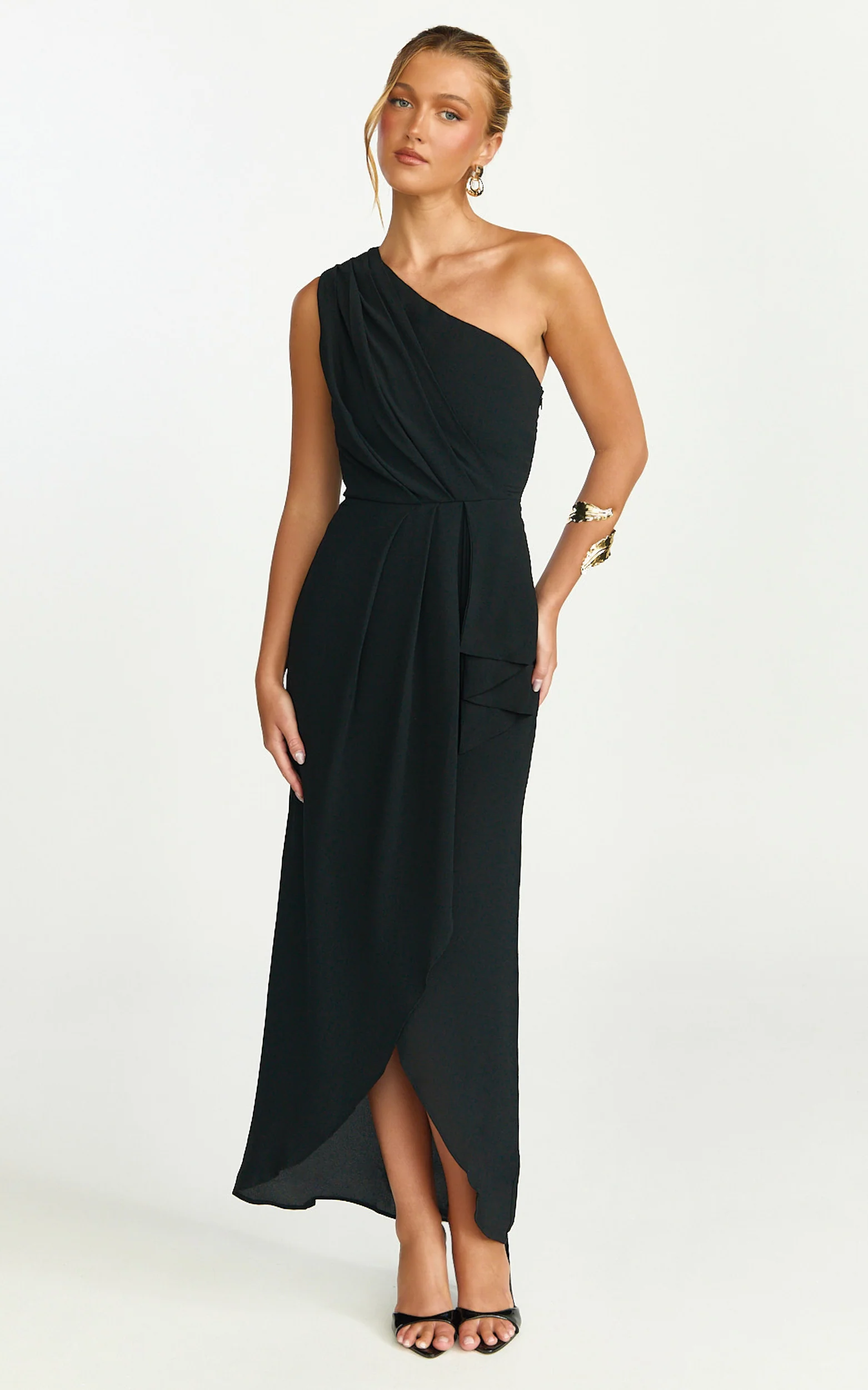 Namaari Midi Dress - Faux Wrap One Shoulder Dress in Black