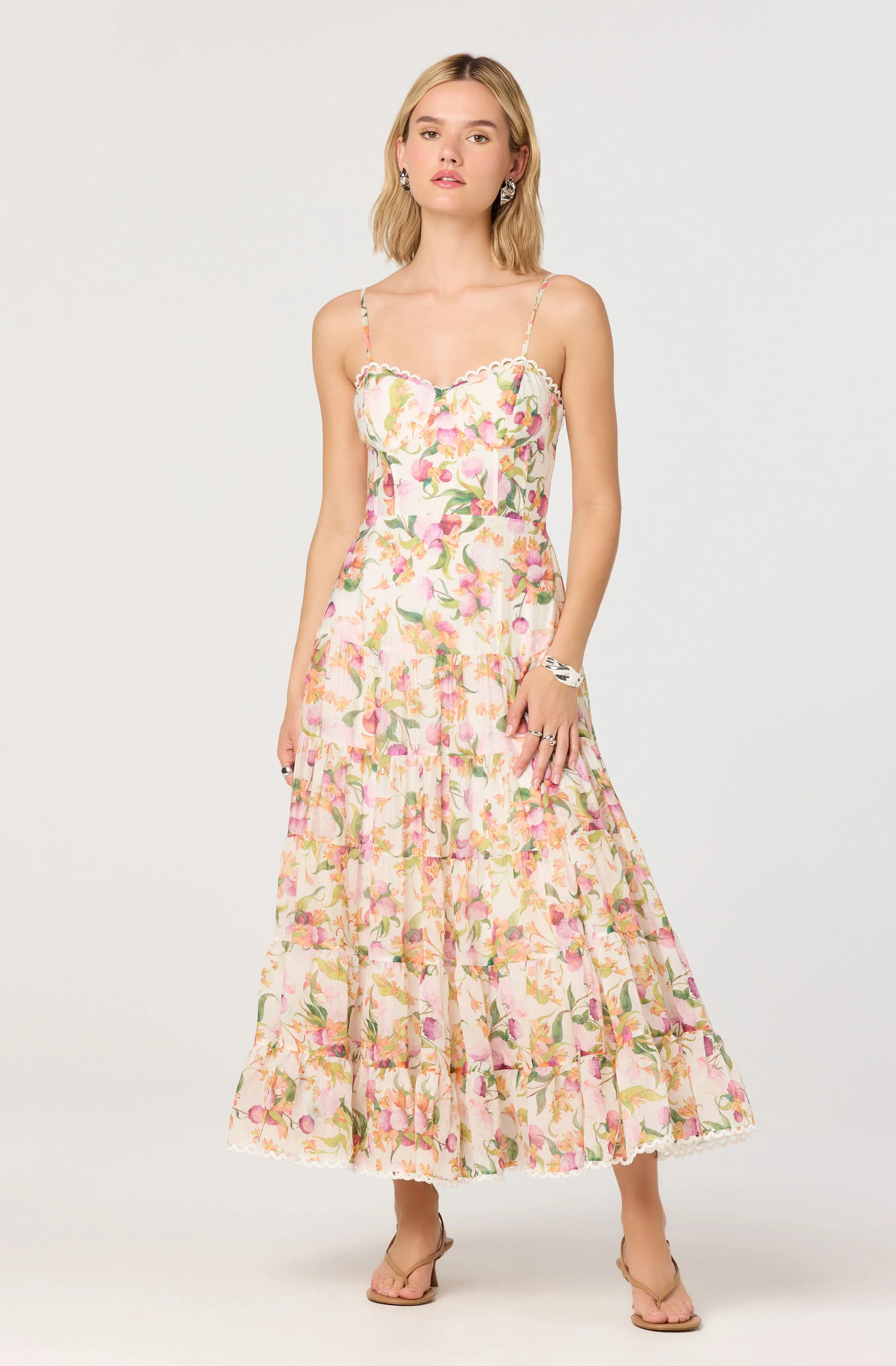 Lianna Floral Scalloped Trim Tiered Maxi Dress