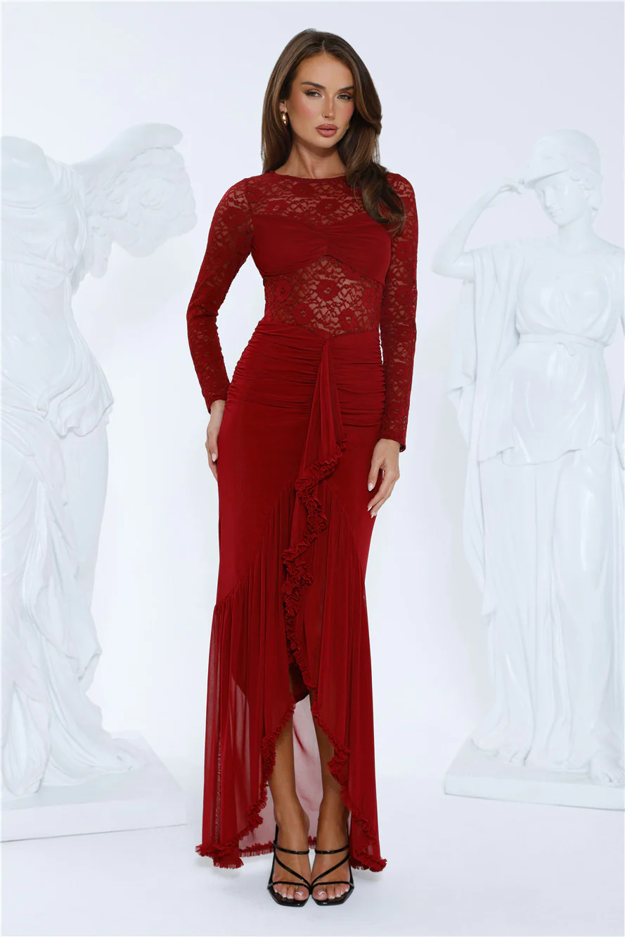 Flirtation Hour Lace Long Sleeve Maxi Dress Burgundy